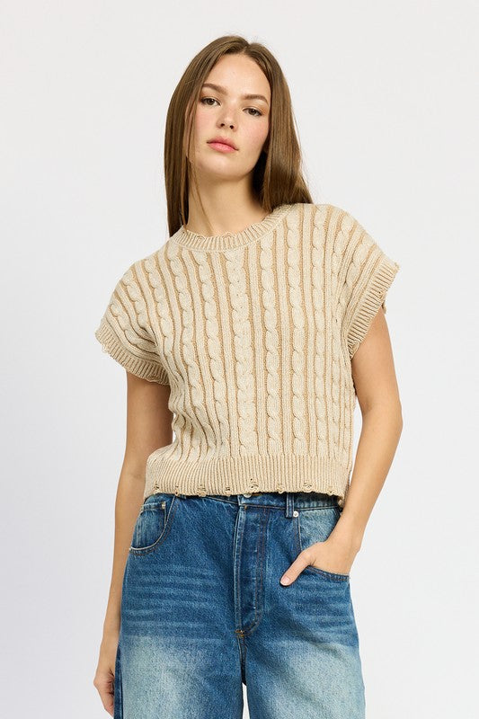 CABLE KNIT SHORT SLEEVE TOP-Charmful Clothing Boutique