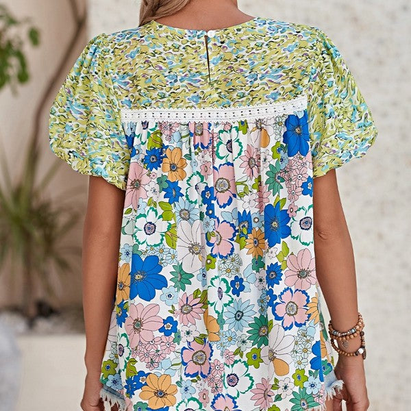 Retro Bubble Sleeve lace panel Green Tunic Top-Charmful Clothing Boutique