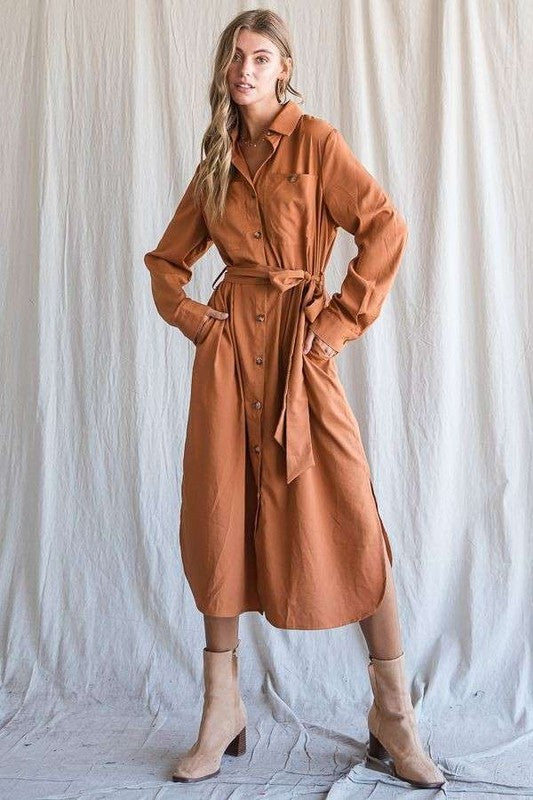 SOLID BUTTON DOWN BELTED LONG DRESS 30-545-Charmful Clothing Boutique