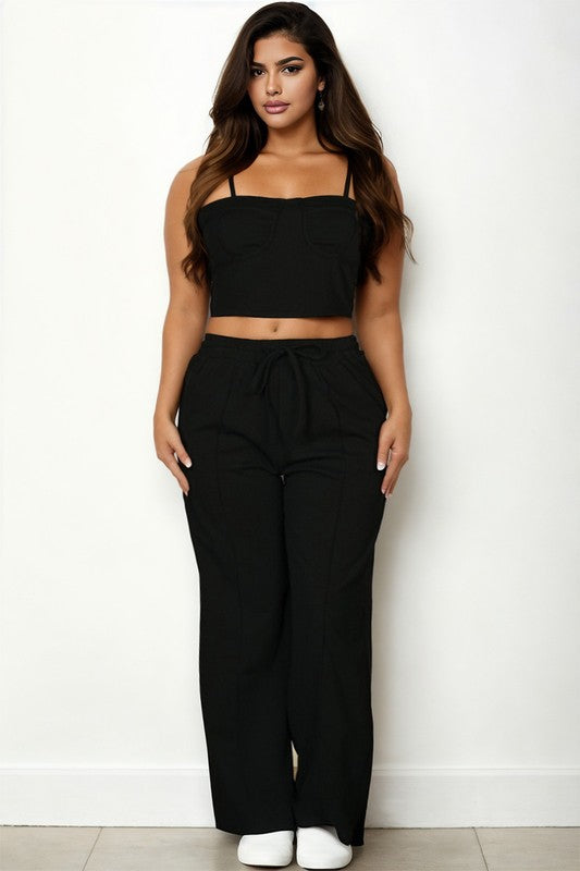 Plus Bustier Crop Cami Top & Pocket Straight Pants-Charmful Clothing Boutique