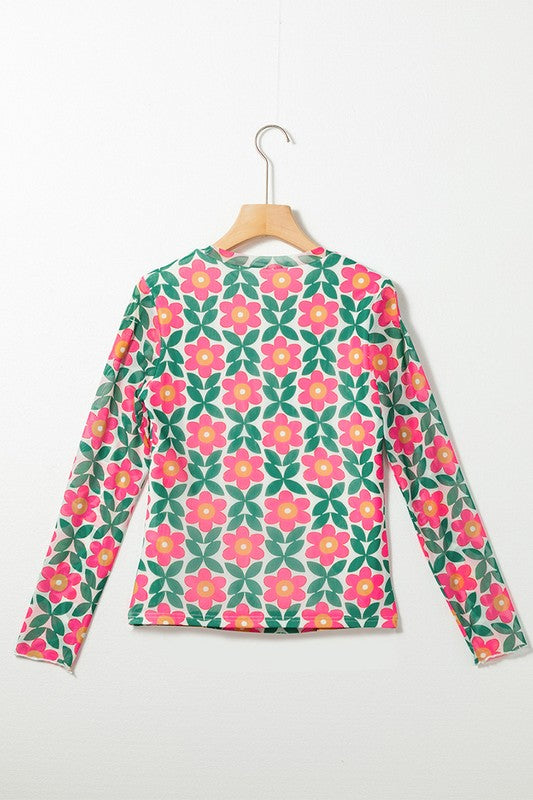 Women Retro Floral Print Stretchy Long Sleeve Top-Charmful Clothing Boutique