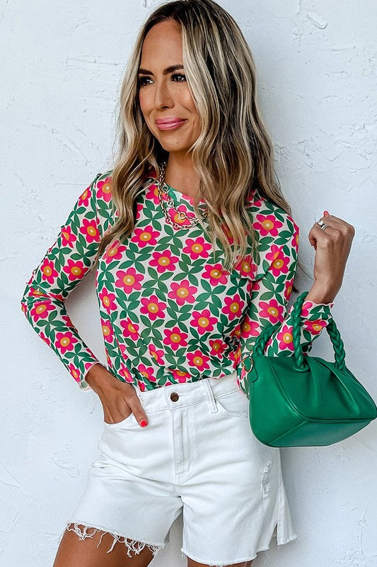 Women Retro Floral Print Stretchy Long Sleeve Top-Charmful Clothing Boutique