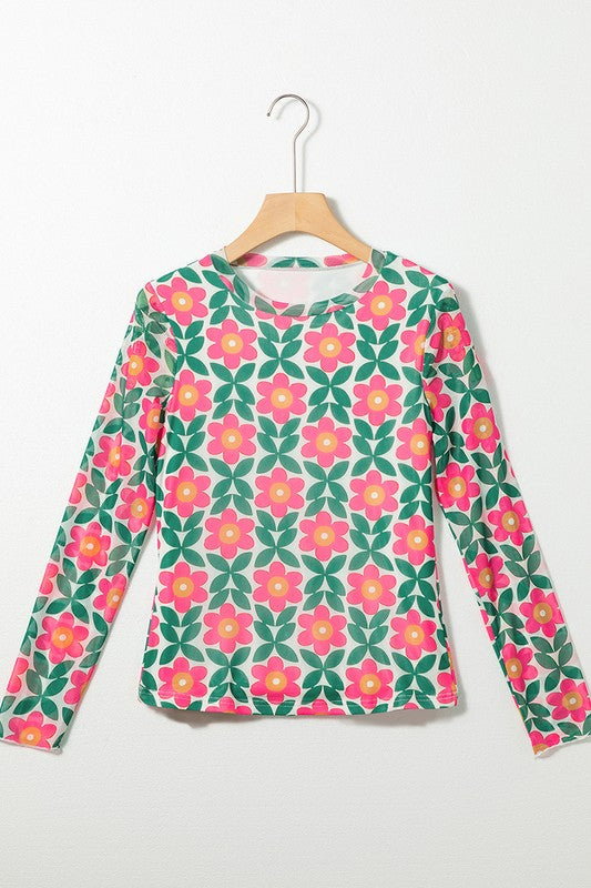 Women Retro Floral Print Stretchy Long Sleeve Top-Charmful Clothing Boutique