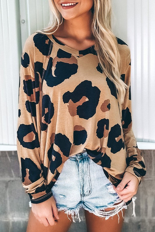 Women Leopard Print Long Sleeve Loose Top-Charmful Clothing Boutique