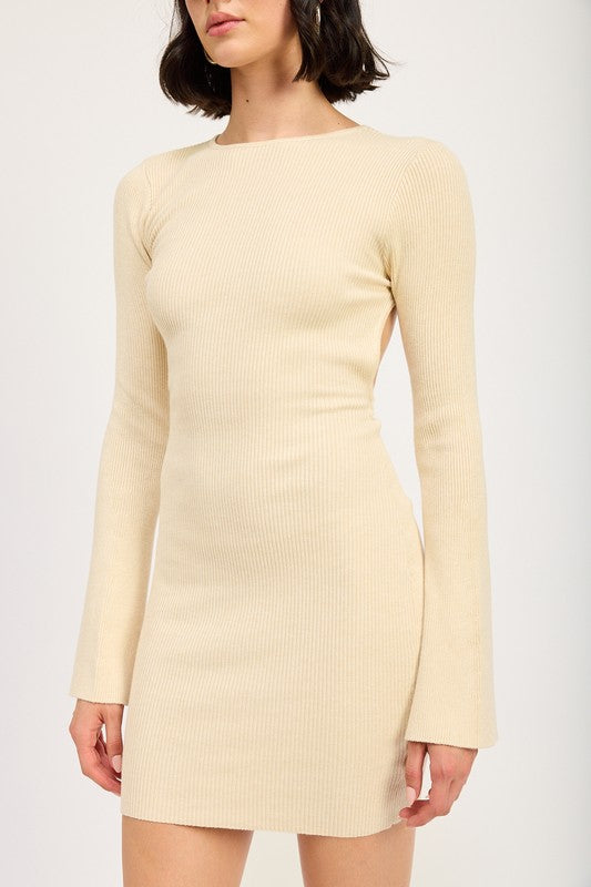 LONG SLEEVE MINI DRESS WITH BACK CUTOUT-Charmful Clothing Boutique