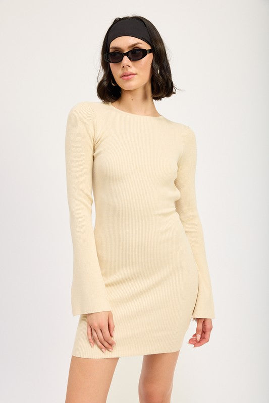 LONG SLEEVE MINI DRESS WITH BACK CUTOUT-Charmful Clothing Boutique