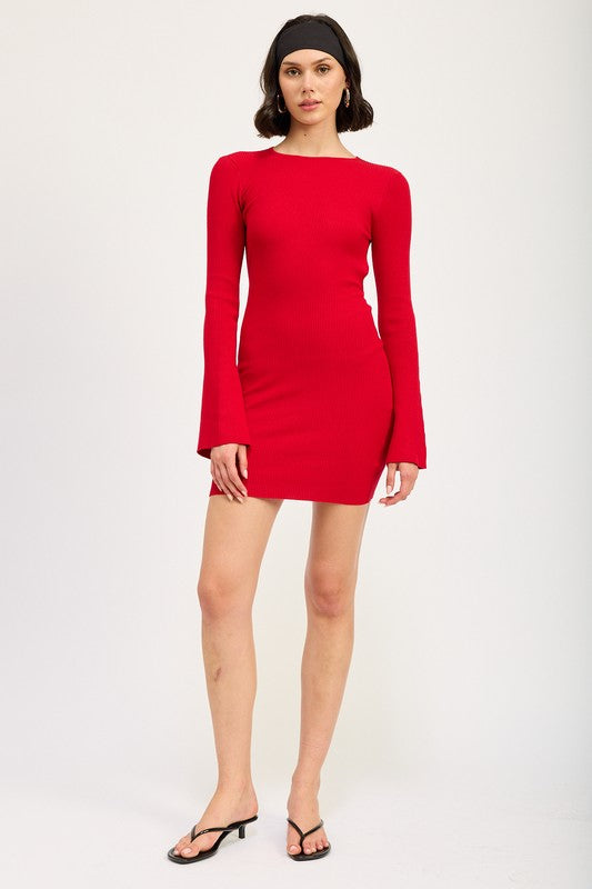 LONG SLEEVE MINI DRESS WITH BACK CUTOUT-Charmful Clothing Boutique
