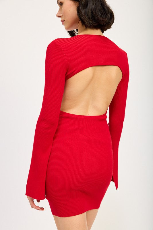 LONG SLEEVE MINI DRESS WITH BACK CUTOUT-Charmful Clothing Boutique