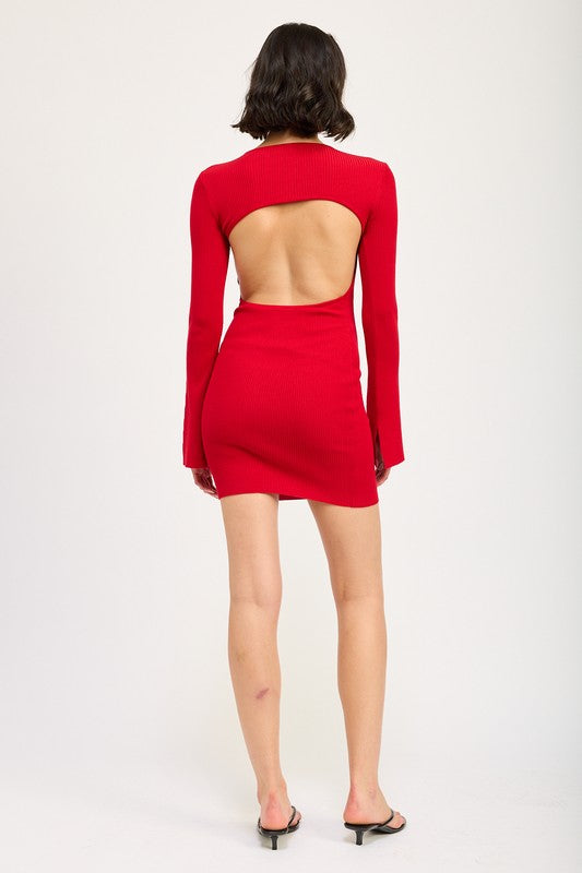 LONG SLEEVE MINI DRESS WITH BACK CUTOUT-Charmful Clothing Boutique