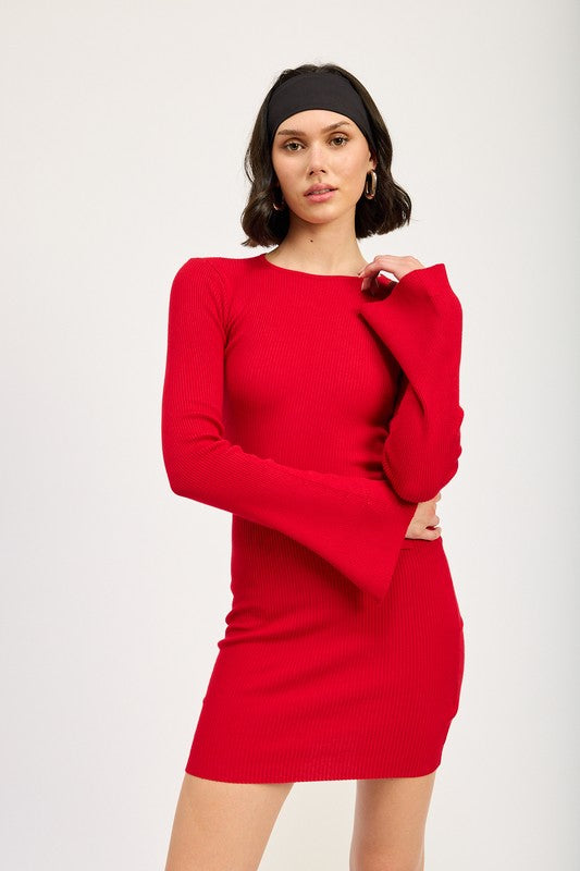 LONG SLEEVE MINI DRESS WITH BACK CUTOUT-Charmful Clothing Boutique