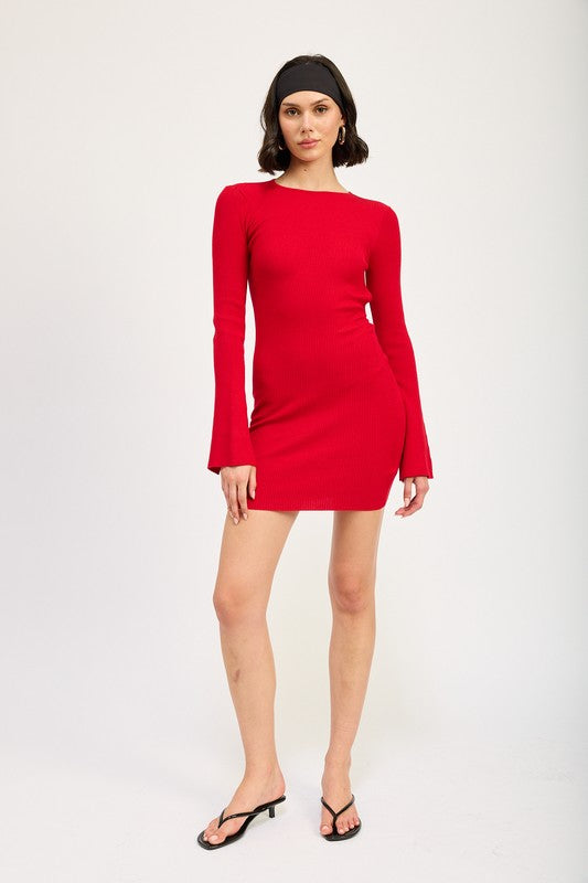 LONG SLEEVE MINI DRESS WITH BACK CUTOUT-Charmful Clothing Boutique