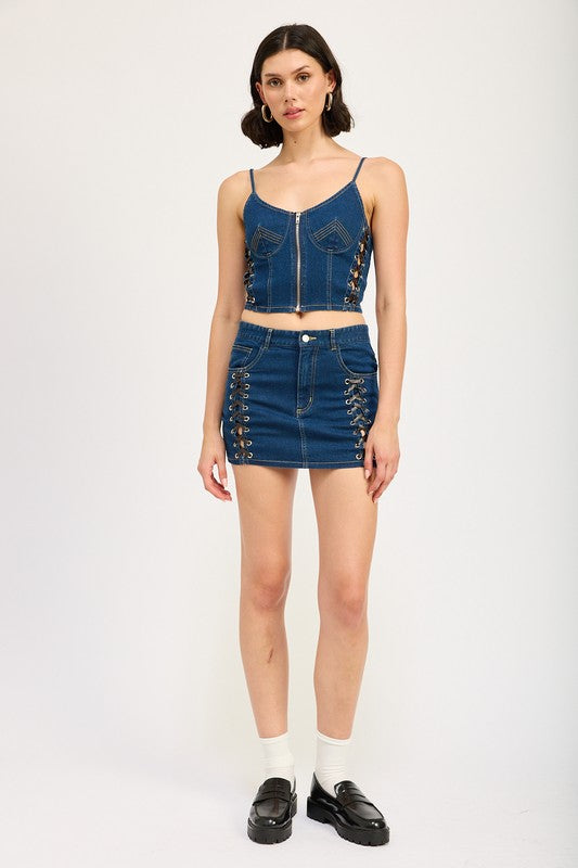 LACE UP MINI DENIM SKIRT-Charmful Clothing Boutique