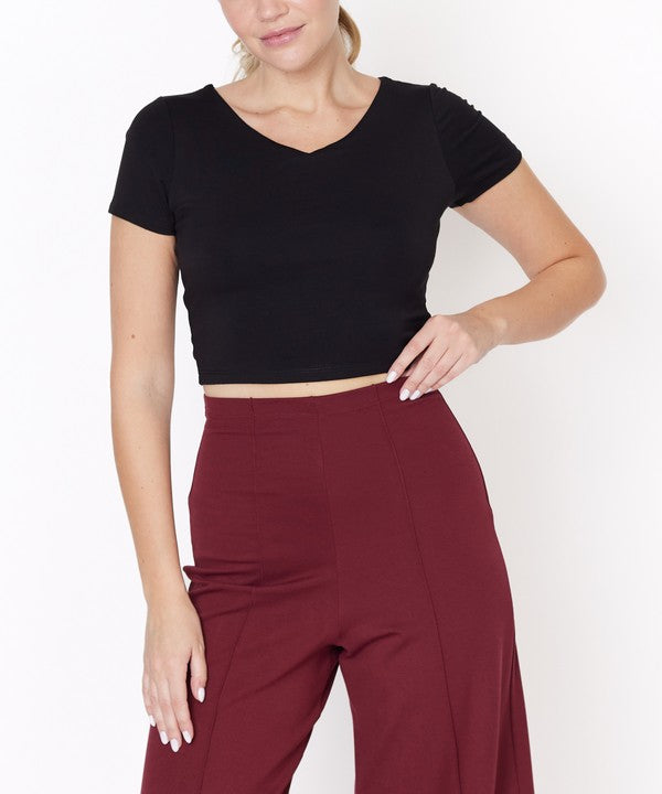 BAMBOO DOUBLE FRONT V NECK CROP-Charmful Clothing Boutique