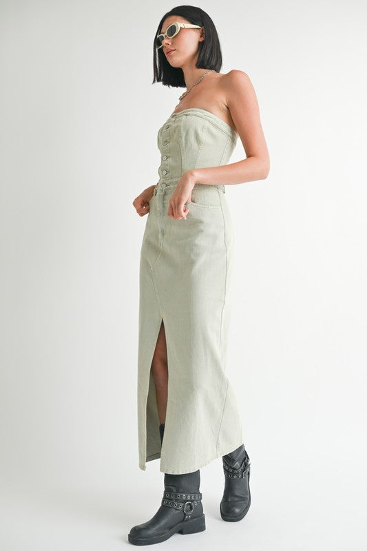 BUTTON UP TUBE DENIM DRESS WITH SLIT-Charmful Clothing Boutique