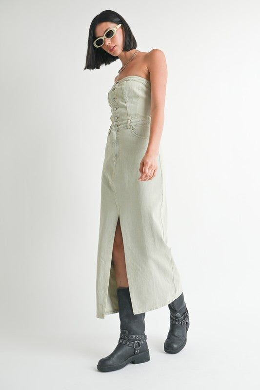 BUTTON UP TUBE DENIM DRESS WITH SLIT-Charmful Clothing Boutique