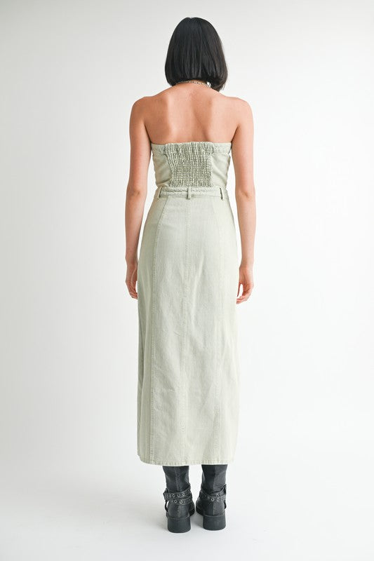 BUTTON UP TUBE DENIM DRESS WITH SLIT-Charmful Clothing Boutique