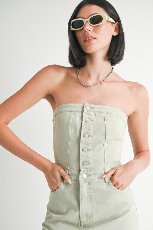 BUTTON UP TUBE DENIM DRESS WITH SLIT-Charmful Clothing Boutique