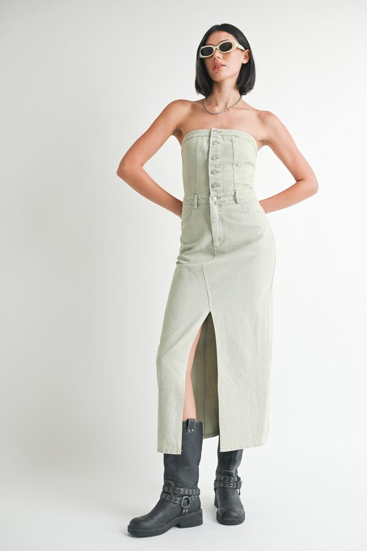 BUTTON UP TUBE DENIM DRESS WITH SLIT-Charmful Clothing Boutique