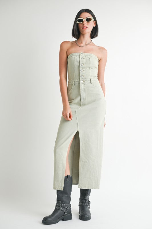BUTTON UP TUBE DENIM DRESS WITH SLIT-Charmful Clothing Boutique