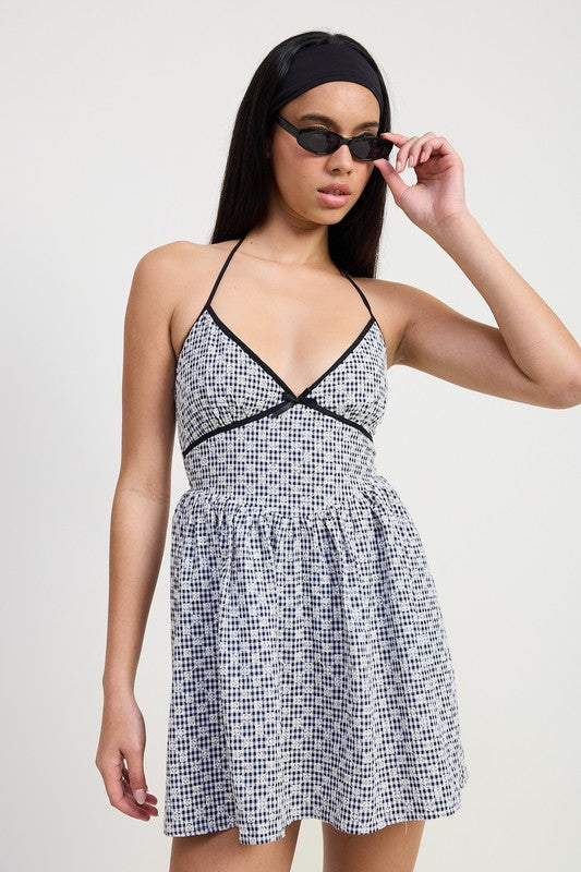 GINGHAM HALTER NECK MINI DRESS-Charmful Clothing Boutique