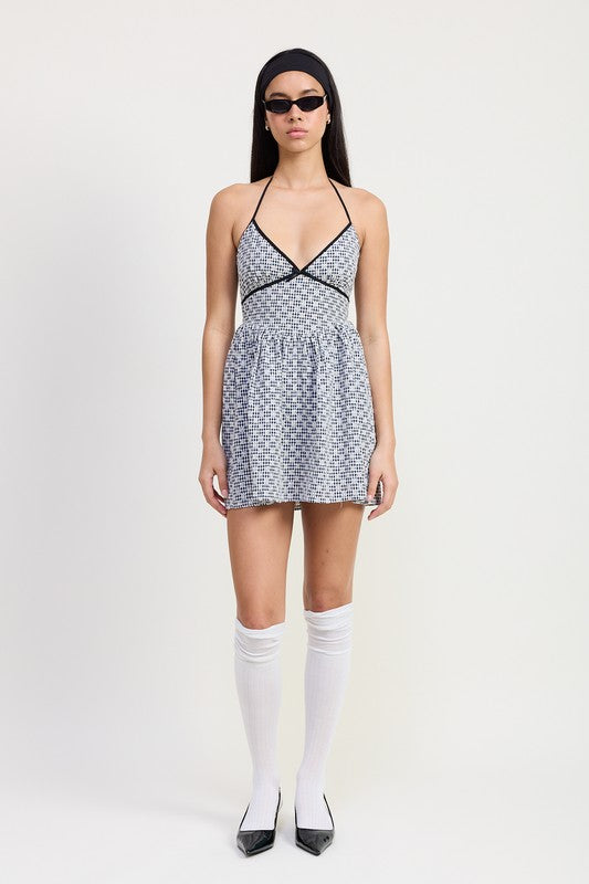 GINGHAM HALTER NECK MINI DRESS-Charmful Clothing Boutique