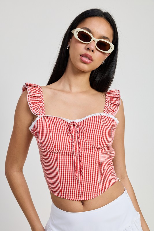 GINGHAM RUFFLE SLEEVE CORSET TOP-Charmful Clothing Boutique