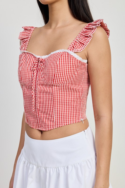 GINGHAM RUFFLE SLEEVE CORSET TOP-Charmful Clothing Boutique