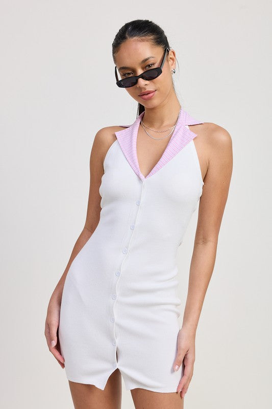 CONTRAST COLLAR RIBBED MINI HALTER DRESS-Charmful Clothing Boutique
