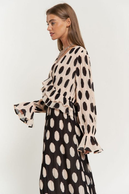 Polka Dot Ruffled Long Sleeve Pleated Maxi Dress-Charmful Clothing Boutique