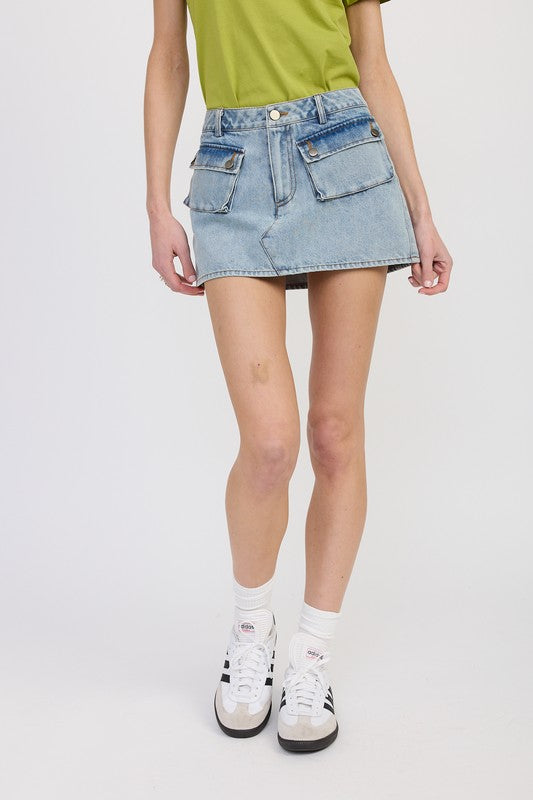 LOW WAIST DENIM MINI SKIRT WITH POCKETS-Charmful Clothing Boutique