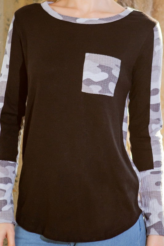 Textured Camo. Print Contrasted Sweater Knit Top-Charmful Clothing Boutique