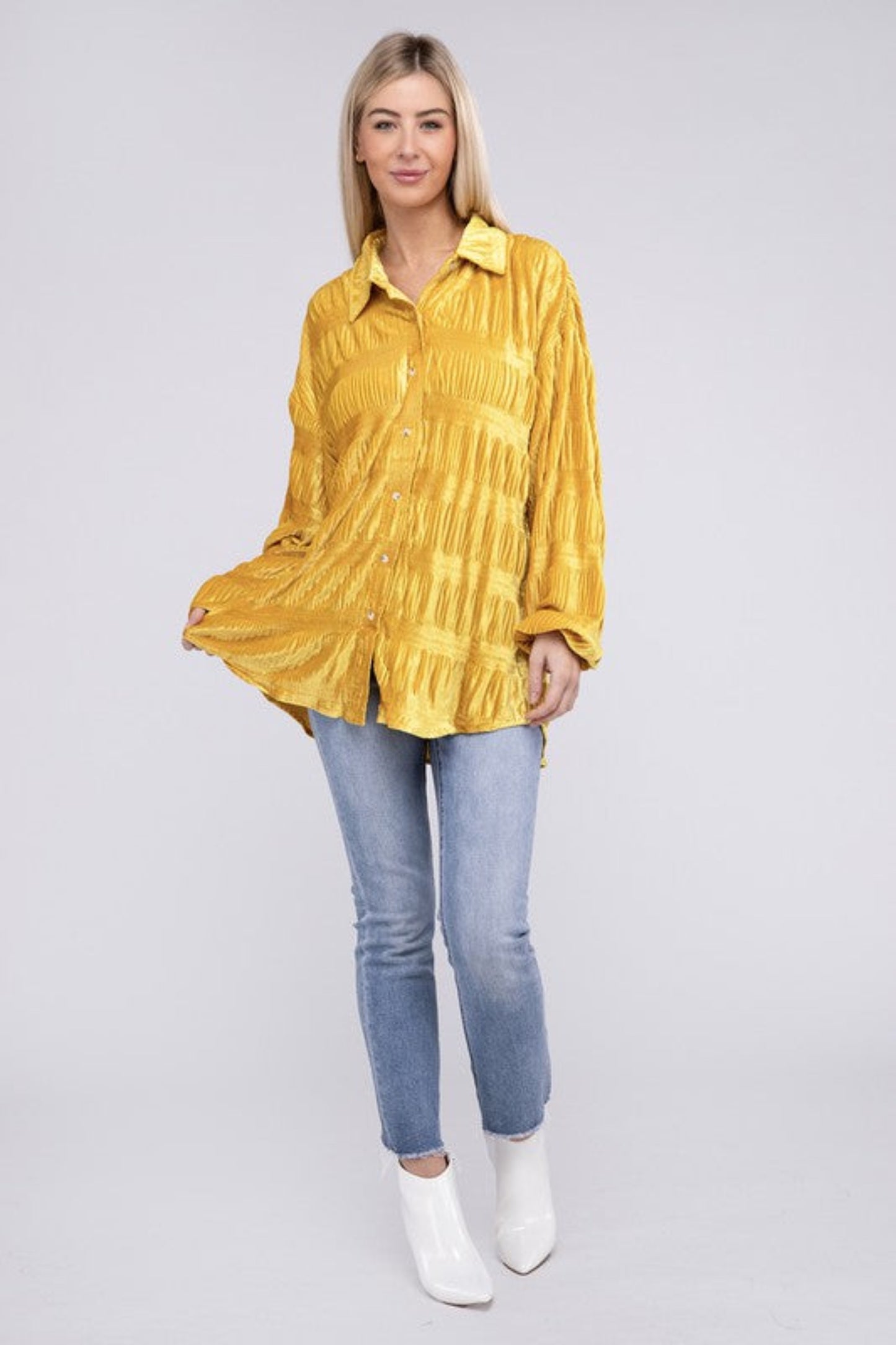 Wrinkle Effect Tiered Shirring Velvet Shirt-Charmful Clothing Boutique