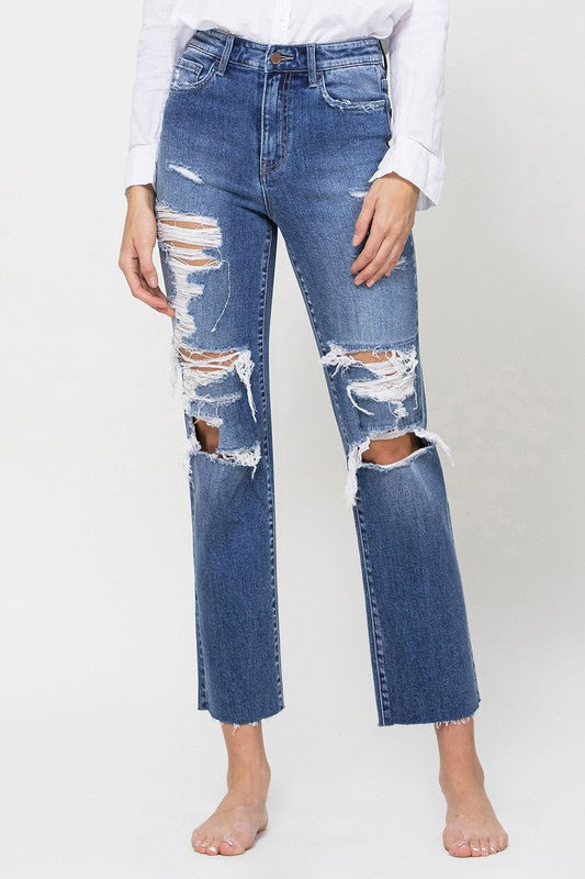 Distressed High Rise Ankle Relaxed Straight Jeans-Charmful Clothing Boutique