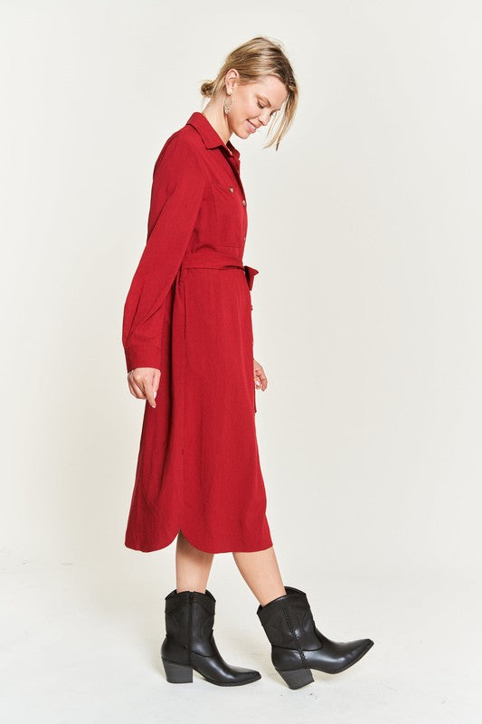 SOLID BUTTON DOWN BELTED LONG DRESS 30-545-Charmful Clothing Boutique