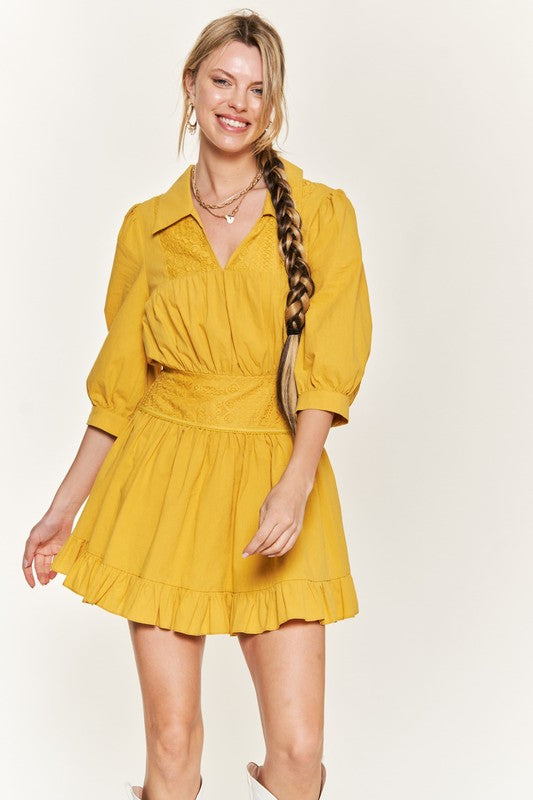 Eyelet detail 3/4 sleeve short dress JBJ1091-Charmful Clothing Boutique