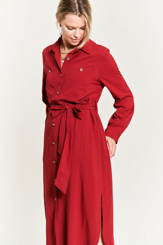 SOLID BUTTON DOWN BELTED LONG DRESS 30-545-Charmful Clothing Boutique
