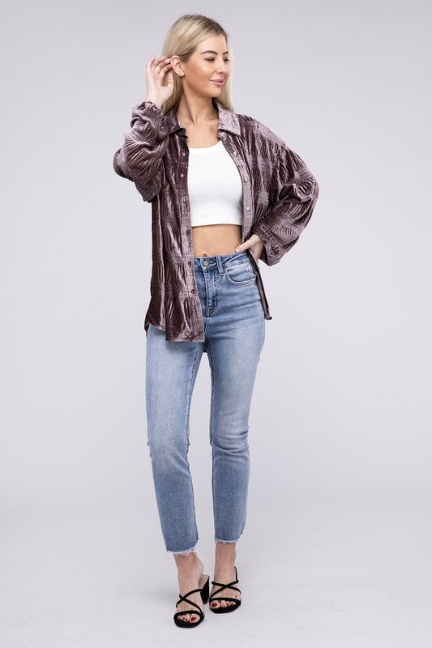 Wrinkle Effect Tiered Shirring Velvet Shirt-Charmful Clothing Boutique