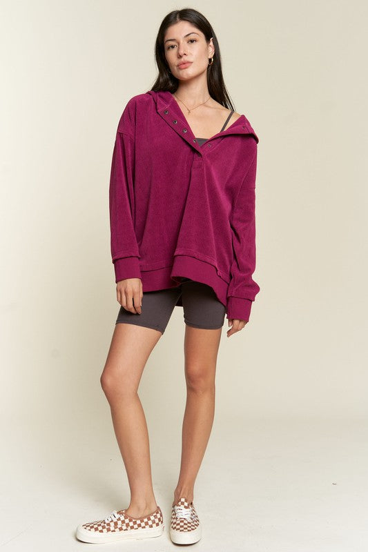Long Sleeve Button Down Ribbed Hooded Sweatshirt-Charmful Clothing Boutique