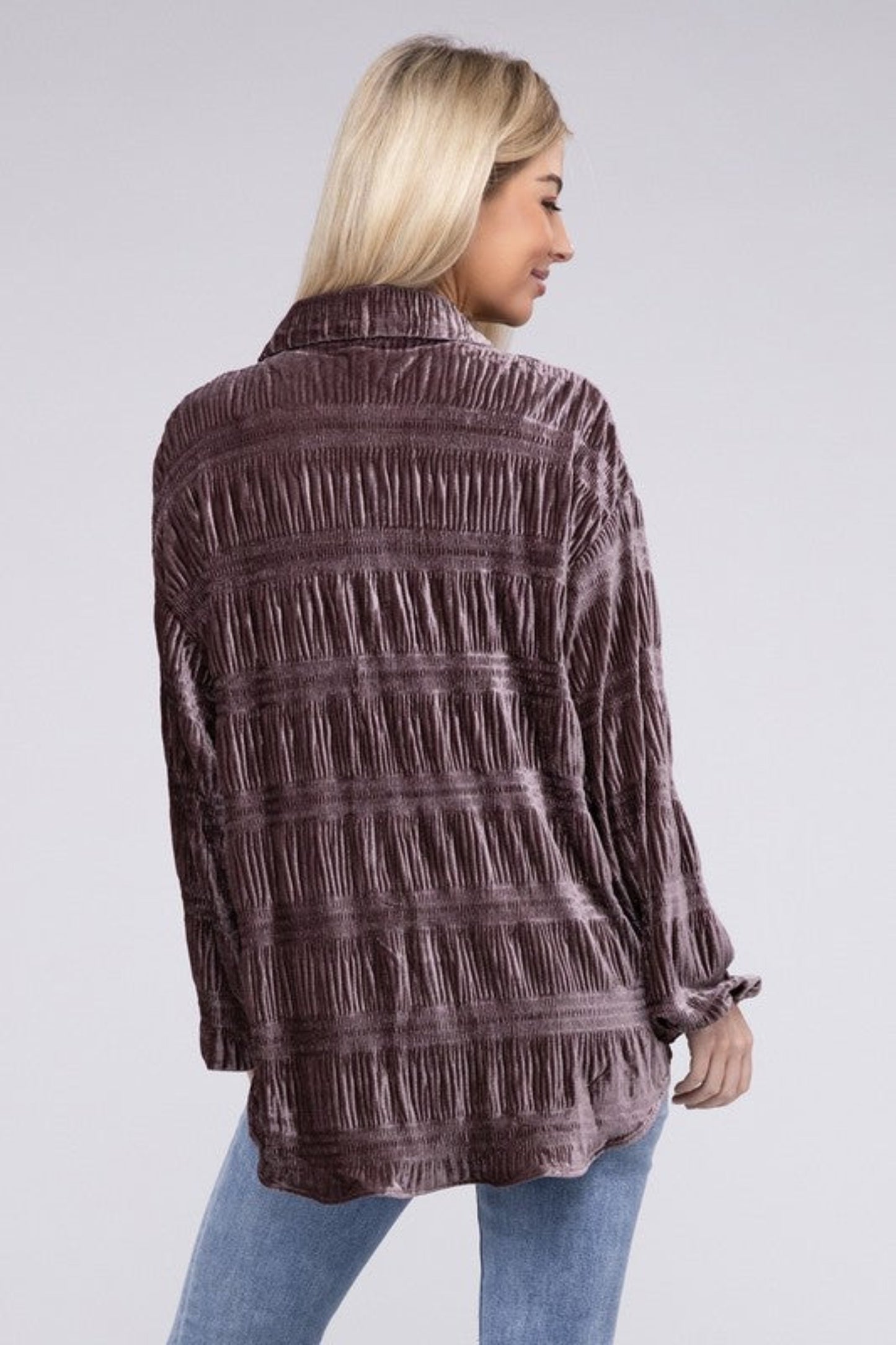 Wrinkle Effect Tiered Shirring Velvet Shirt-Charmful Clothing Boutique