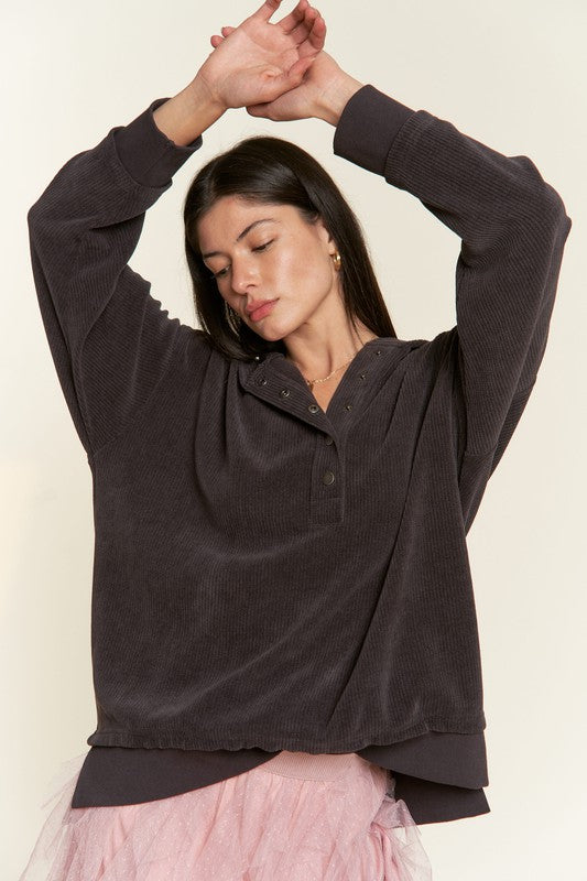 Long Sleeve Button Down Ribbed Hooded Sweatshirt-Charmful Clothing Boutique