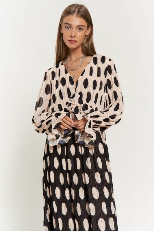 Polka Dot Ruffled Long Sleeve Pleated Maxi Dress-Charmful Clothing Boutique