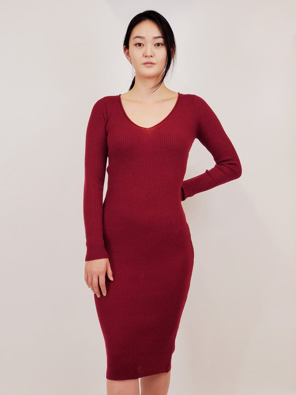 V-Neck Sheer Ribbed Knit Long Sleeve Sweater Dress-Charmful Clothing Boutique