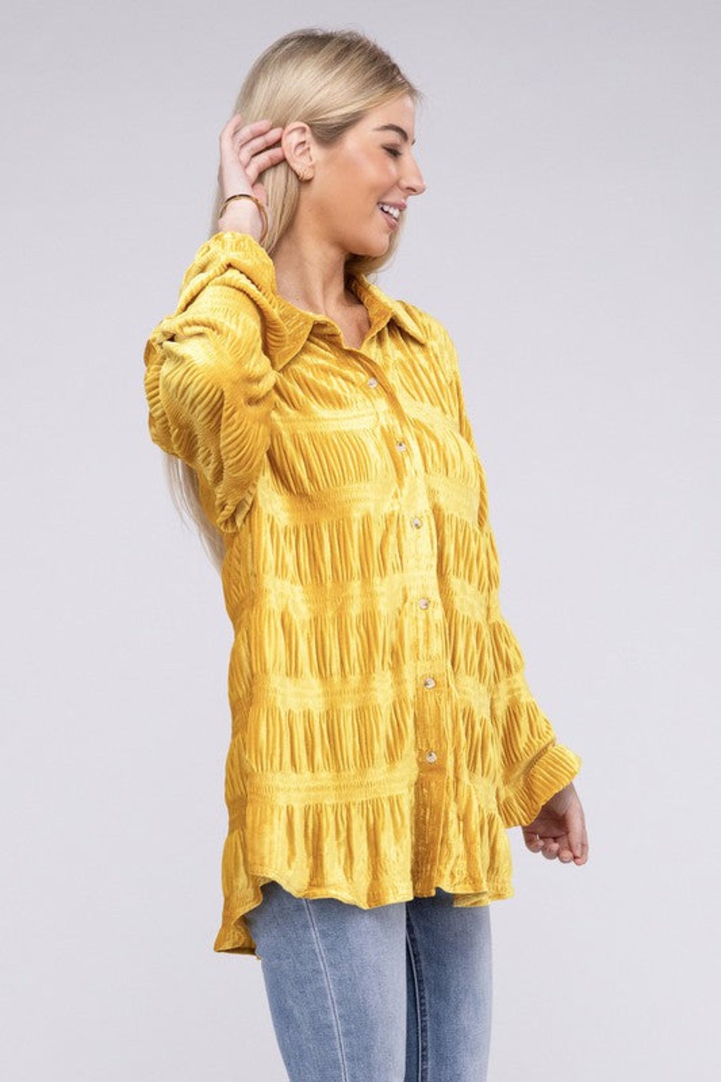 Wrinkle Effect Tiered Shirring Velvet Shirt-Charmful Clothing Boutique