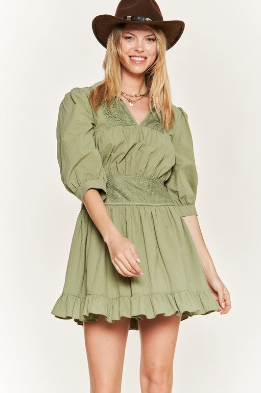 Eyelet detail 3/4 sleeve short dress JBJ1091-Charmful Clothing Boutique