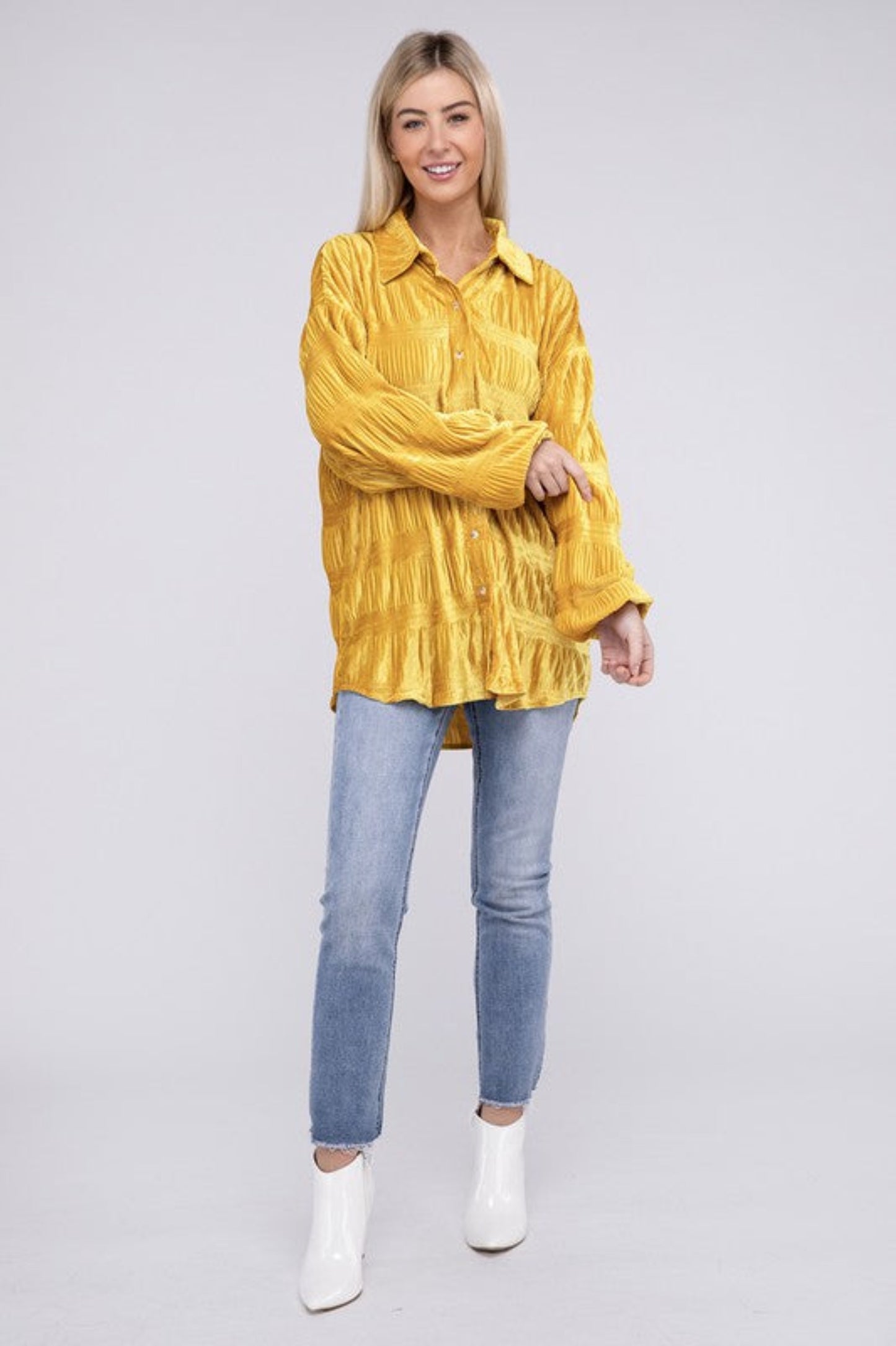Wrinkle Effect Tiered Shirring Velvet Shirt-Charmful Clothing Boutique