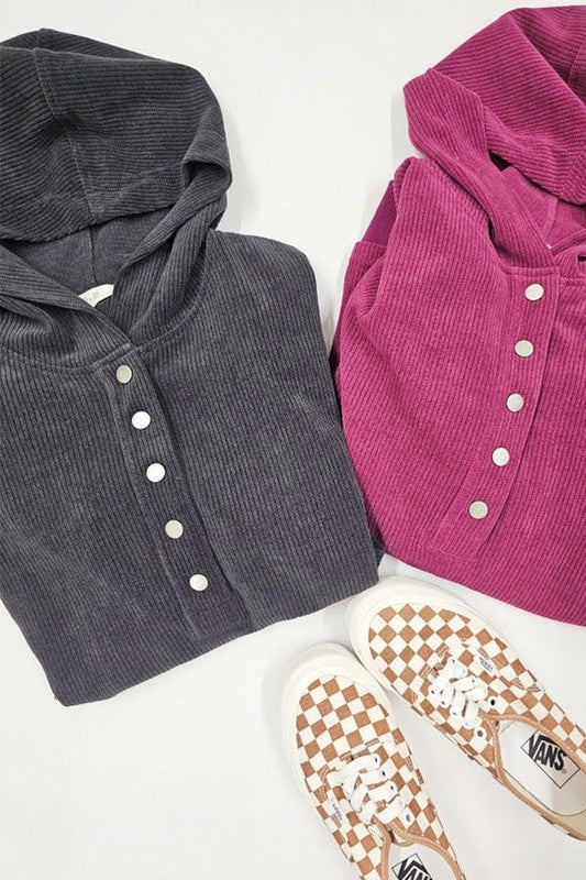 Long Sleeve Button Down Ribbed Hooded Sweatshirt-Charmful Clothing Boutique