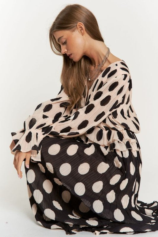 Polka Dot Ruffled Long Sleeve Pleated Maxi Dress-Charmful Clothing Boutique