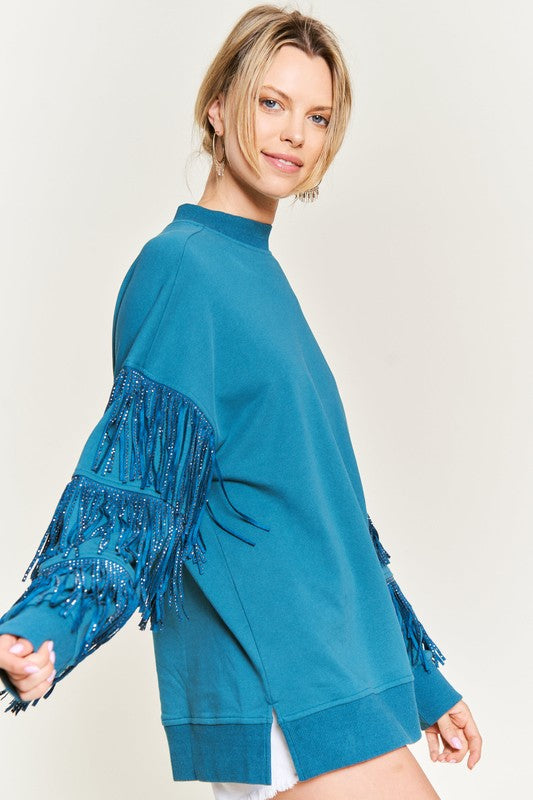 Silver studded fringe sleeve top JJT5009-Charmful Clothing Boutique