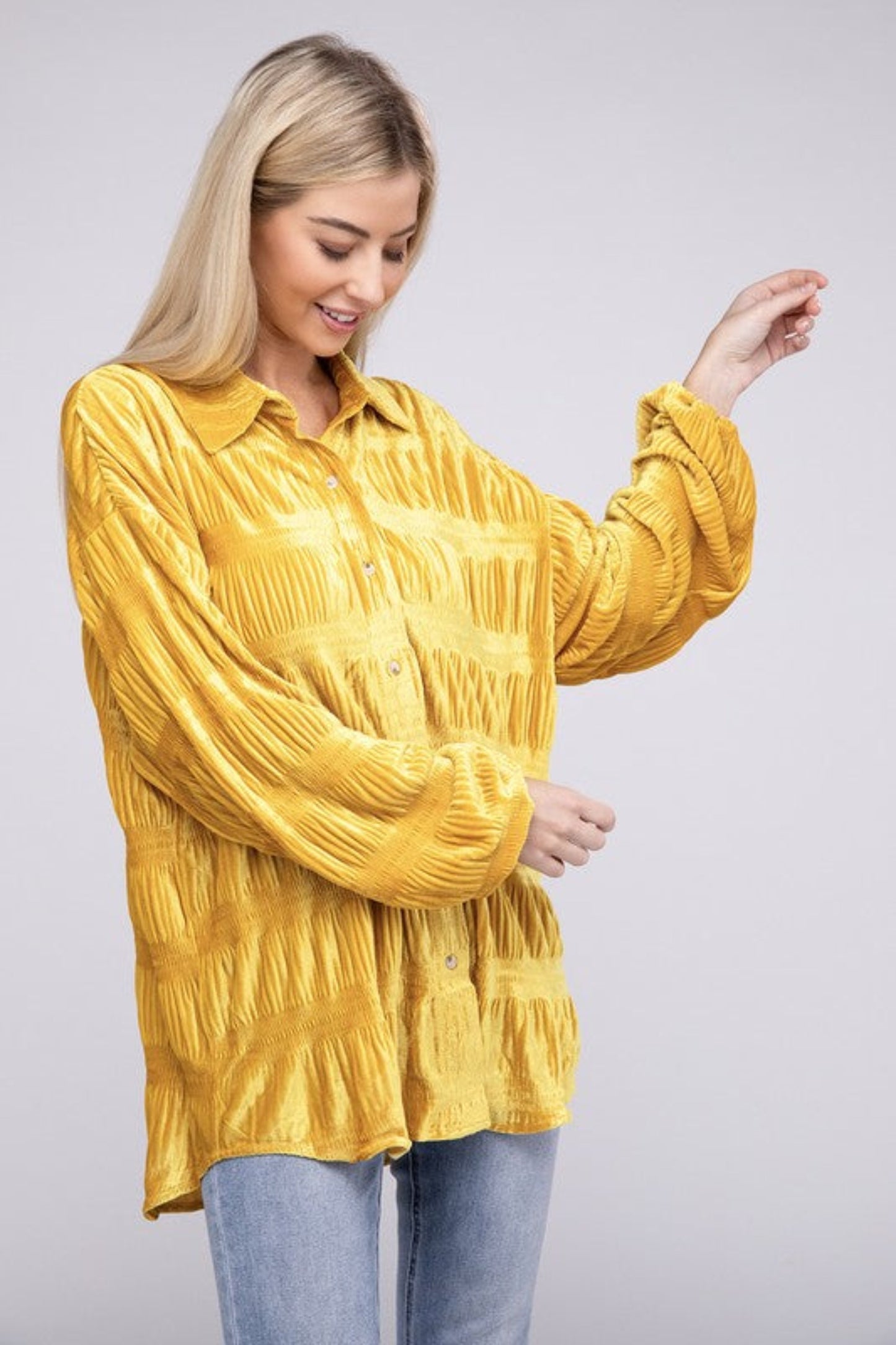Wrinkle Effect Tiered Shirring Velvet Shirt-Charmful Clothing Boutique