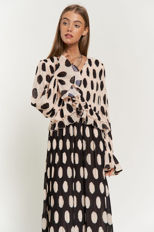 Polka Dot Ruffled Long Sleeve Pleated Maxi Dress-Charmful Clothing Boutique